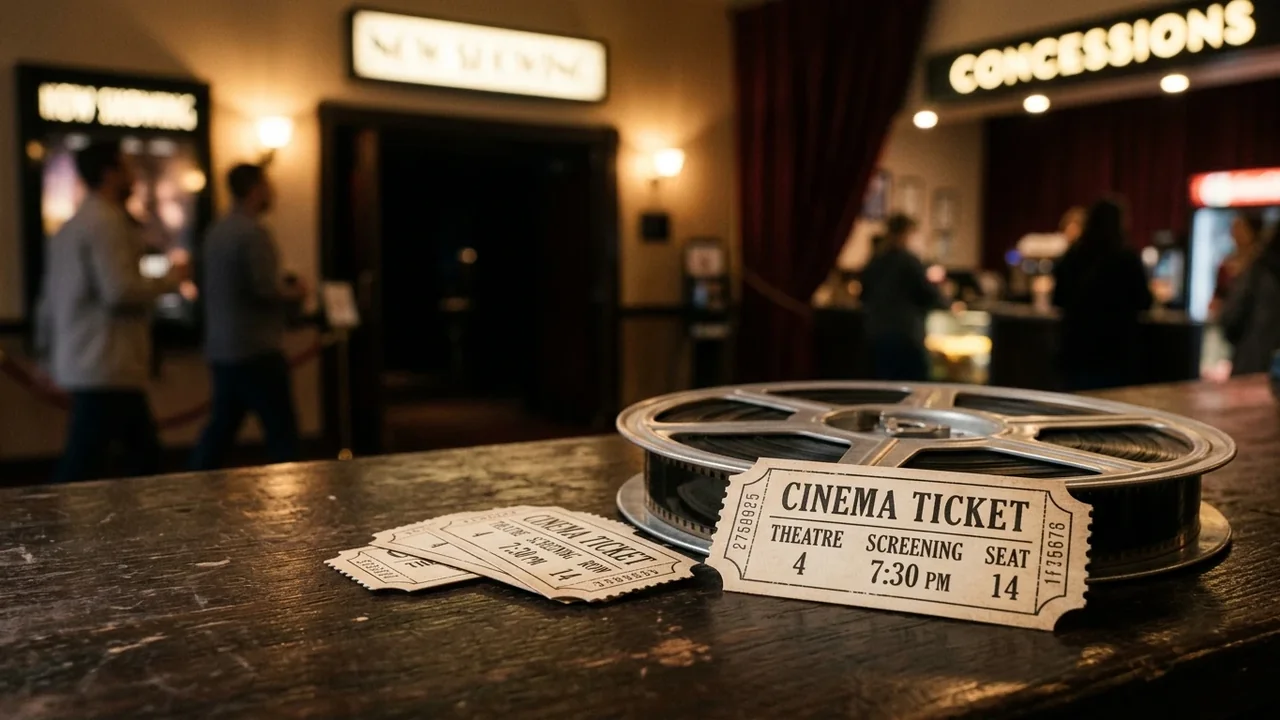 Kino biļetes un filmas lente uz letes fona, kur redzama kinoteātra uzkodu zona.