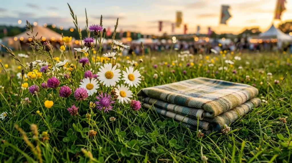 Ziedi un salocīta rūtaina sega zaļā pļavā brīvdabas festivāla fona gaismās norietot saulei.