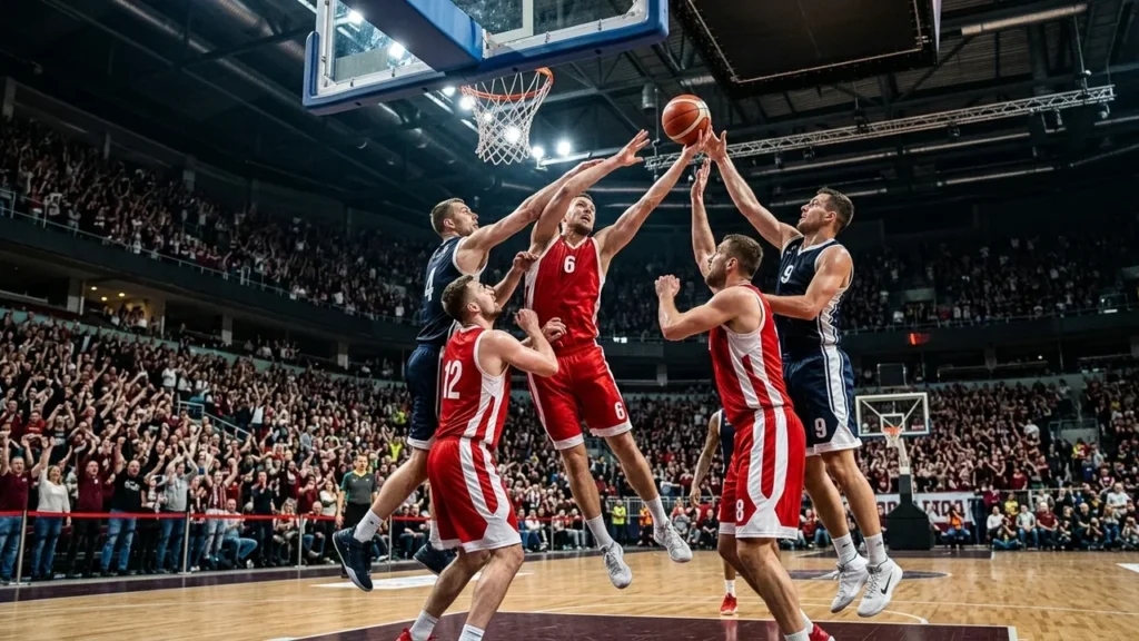 Basketbolisti sarkanā un zilā formā cīnās par bumbu pie groza pārpildītā arēnā.