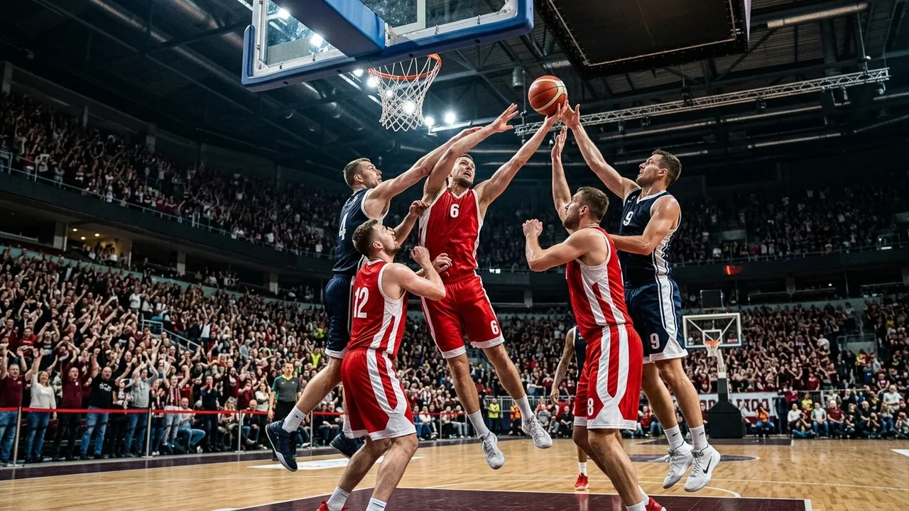 Basketbolisti sarkanā un zilā formā cīnās par bumbu pie groza pārpildītā arēnā.