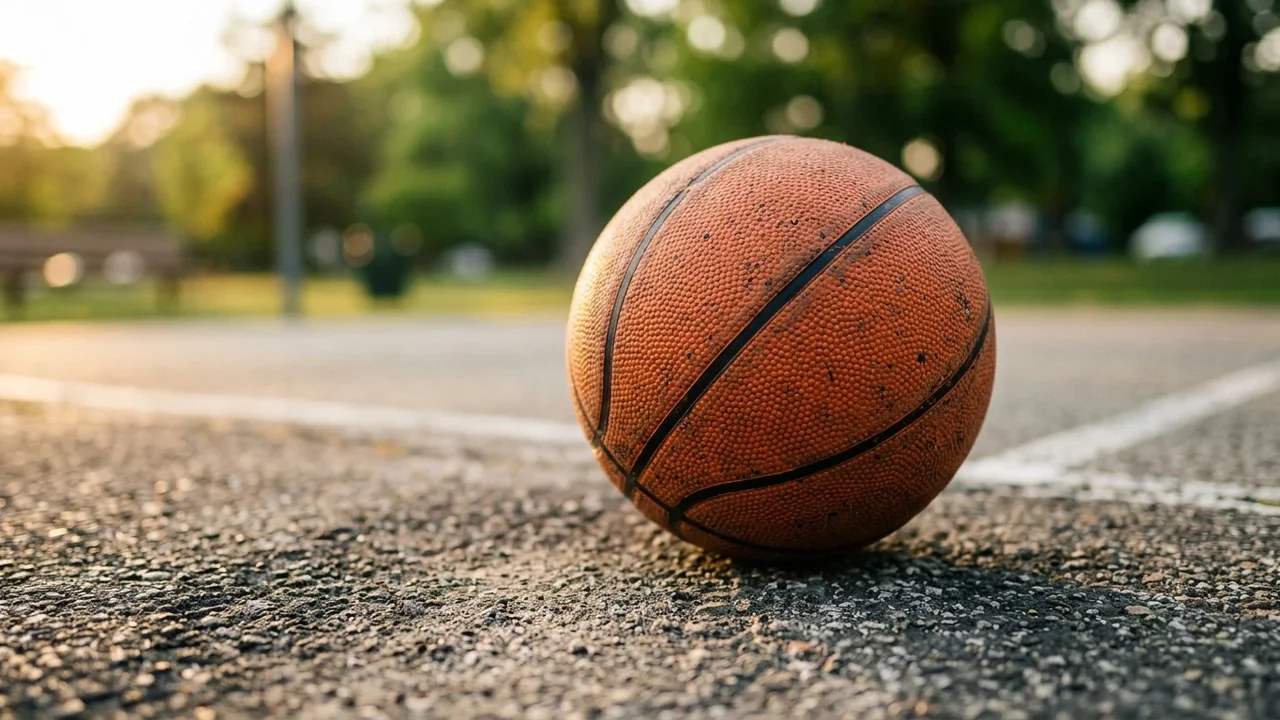 Nolietota basketbola bumba atrodas uz āra laukuma seguma ar baltu līniju.