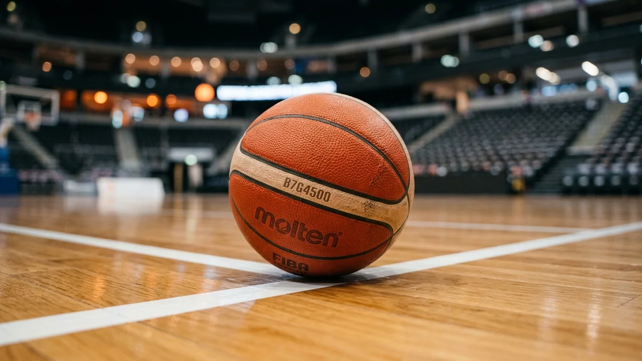 Oranža basketbola bumba atrodas uz koka grīdas ar baltām līnijām sporta arēnā.