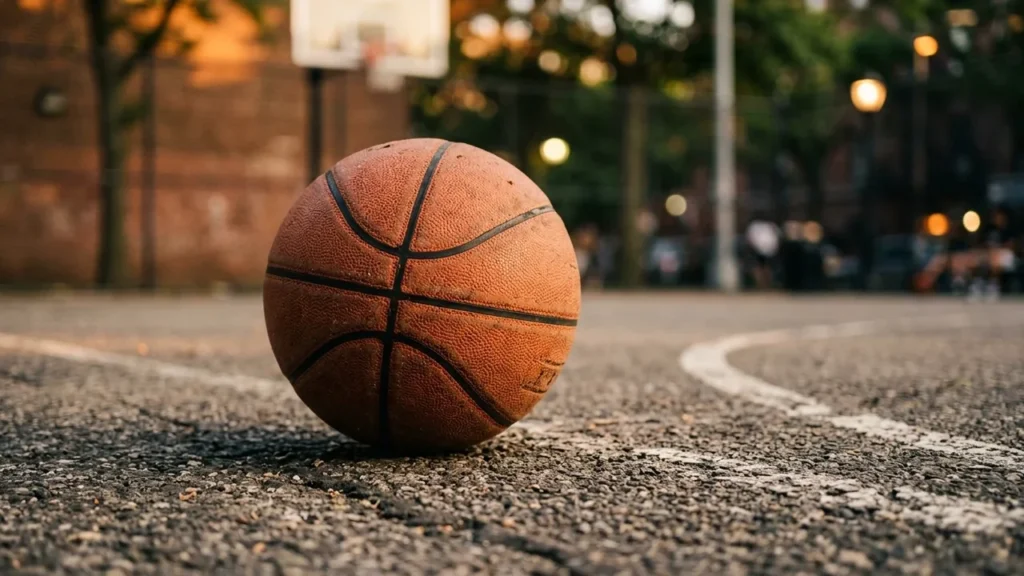 Nolietota oranža basketbola bumba novietota uz asfaltēta āra laukuma ar baltām līnijām.