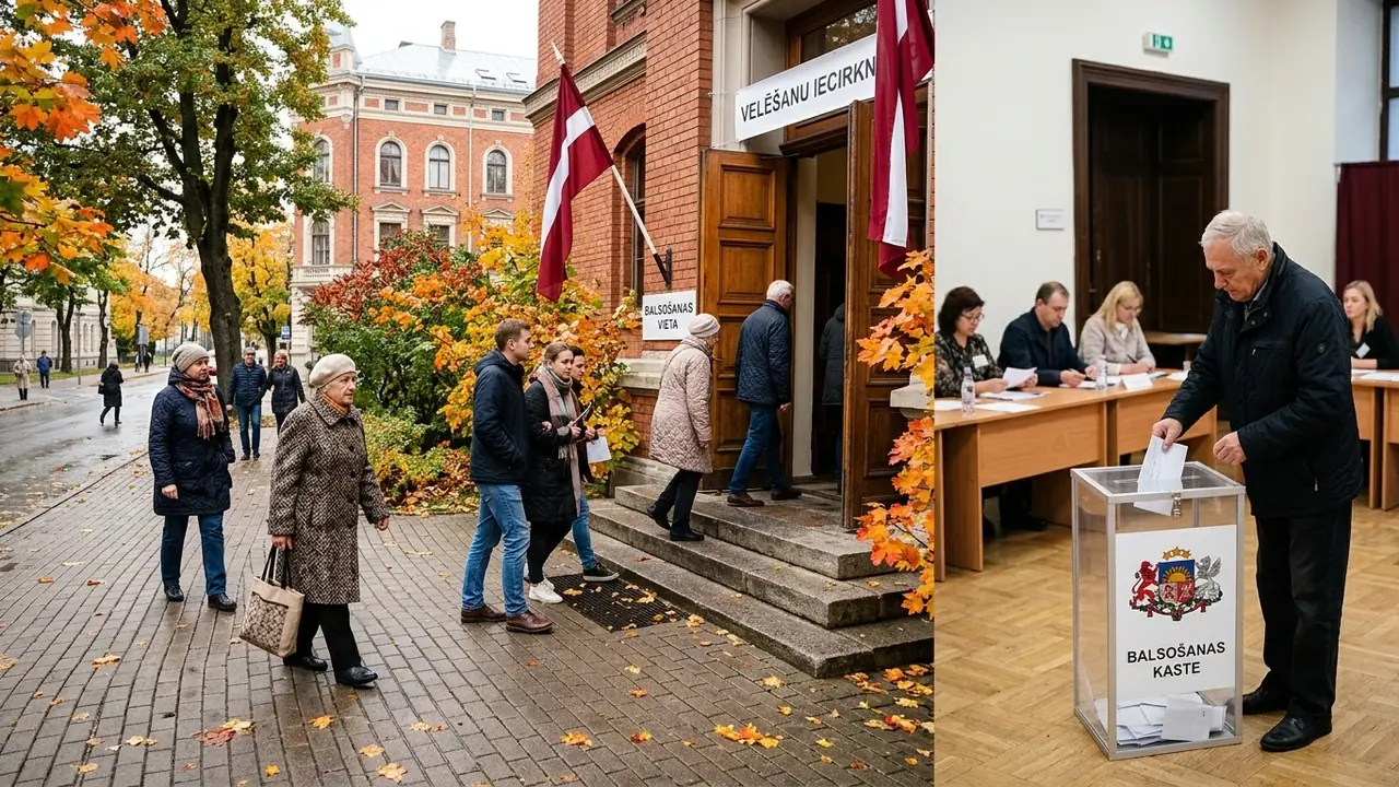 Cilvēki dodas uz vēlēšanu iecirkni, kurā vēlētājs ievieto biļetenu caurspīdīgā balsošanas kastē ar Latvijas ģerboni.