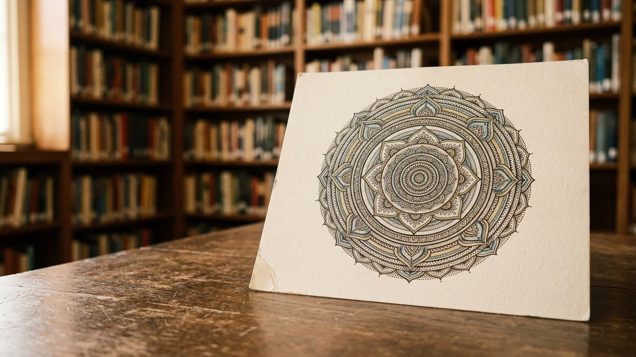 Sīki zīmēta mandalas ilustrācija uz balta papīra, kas novietota uz koka galda bibliotēkā.