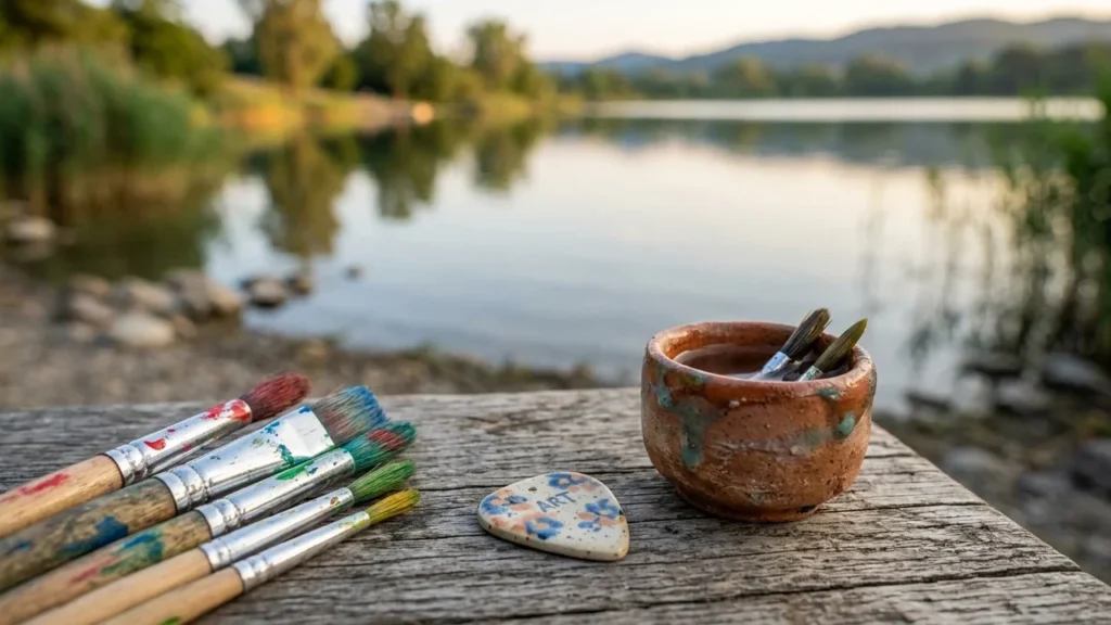 Uz koka dēļa atrodas krāsu otas, trauks ar ūdeni un akmentiņš ar uzrakstu "ART".