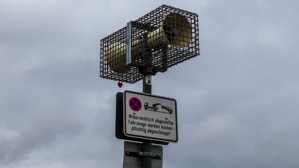 Brīdinājuma sirēna uz staba ar brīdinošām zīmēm, kas paredzēta ārkārtas situāciju paziņošanai pilsētā.