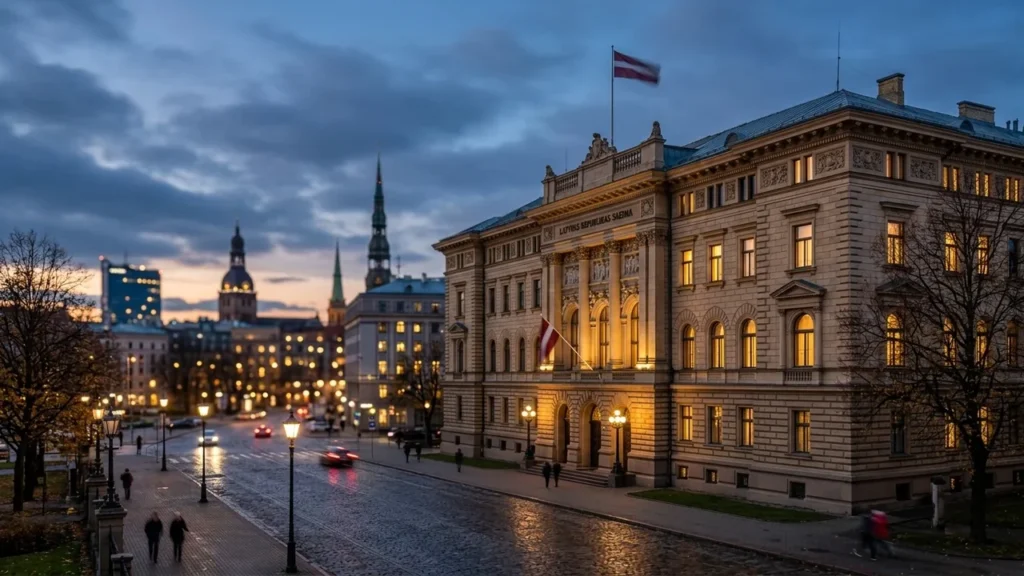 Latvijas Republikas Saeimas ēka Rīgā krēslas stundā ar izgaismotiem logiem un plīvojošu karogu.