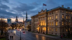 Latvijas Republikas Saeimas ēka Rīgā krēslas stundā ar izgaismotiem logiem un plīvojošu karogu.