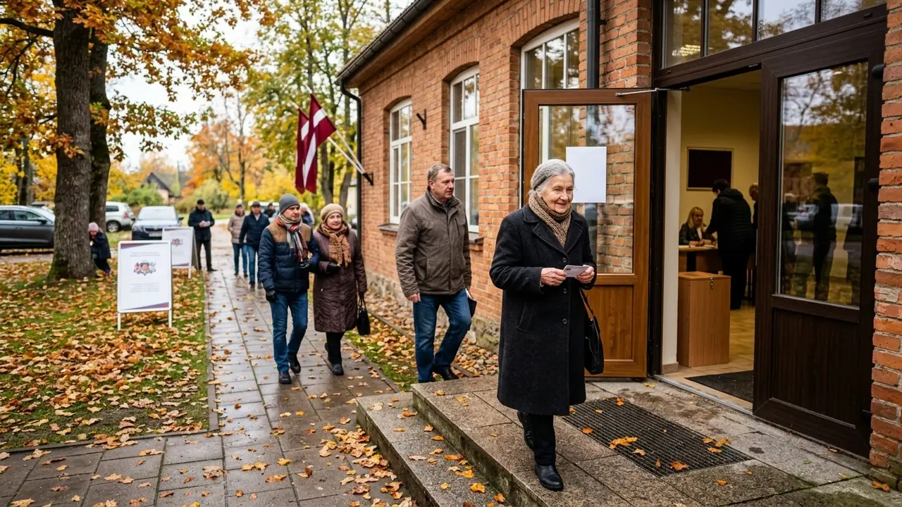 Cilvēki rudenīgā dienā dodas iekšā ķieģeļu ēkā, lai piedalītos vēlēšanu iecirknī Latvijā.