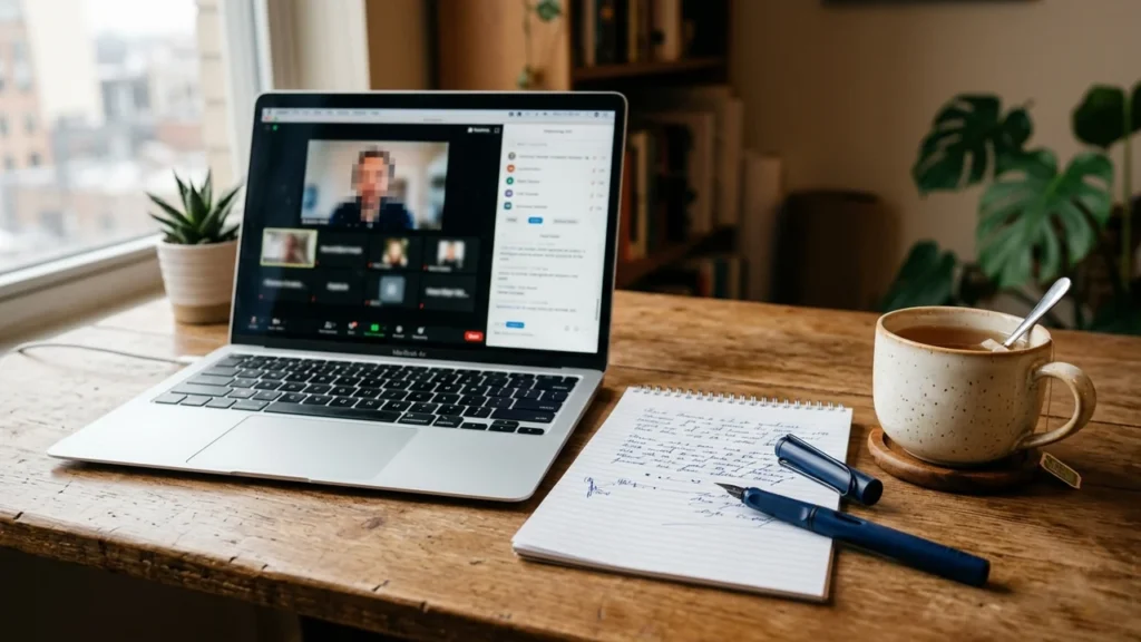Portatīvais dators uz koka galda ar videokonferences ekrānu, piezīmju grāmatiņu un tējas krūzi.