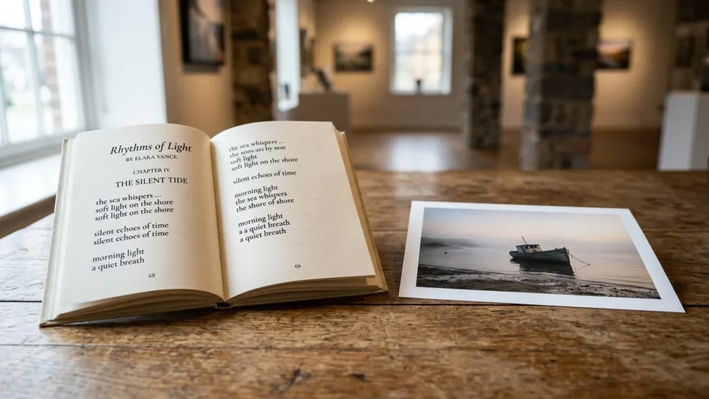 Atvērta grāmata ar dzeju un fotogrāfija ar laivu uz koka galda mākslas galerijā.