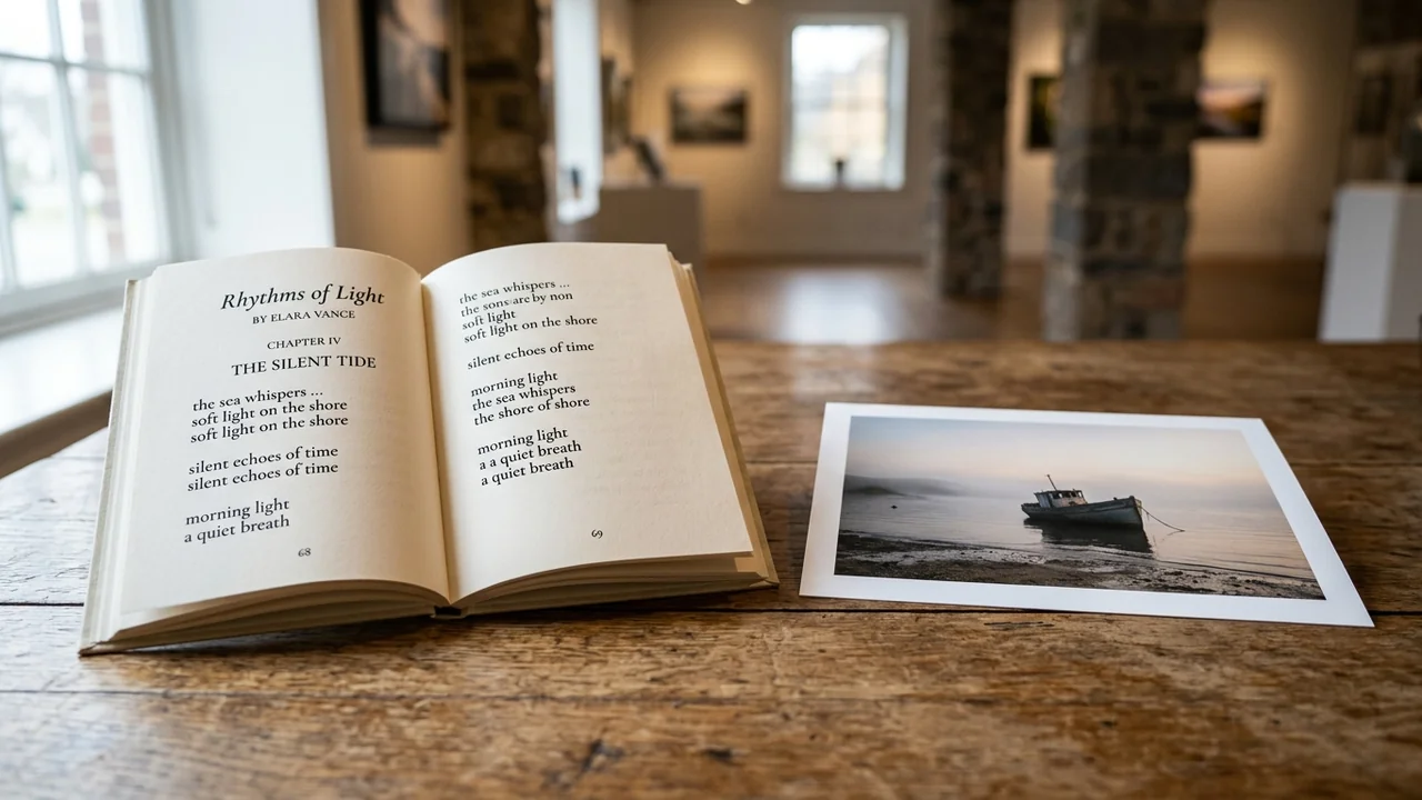 Atvērta grāmata ar dzeju un fotogrāfija ar laivu uz koka galda mākslas galerijā.