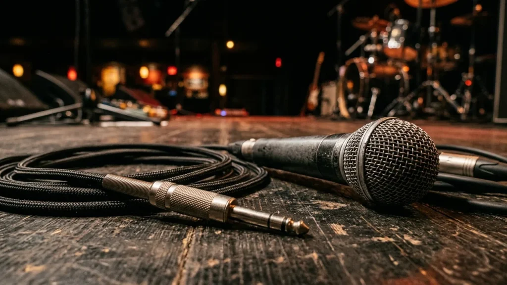 Uz skatuves dēļu grīdas novietots mikrofons un vads ar audio spraudni koncertzāles fonā.