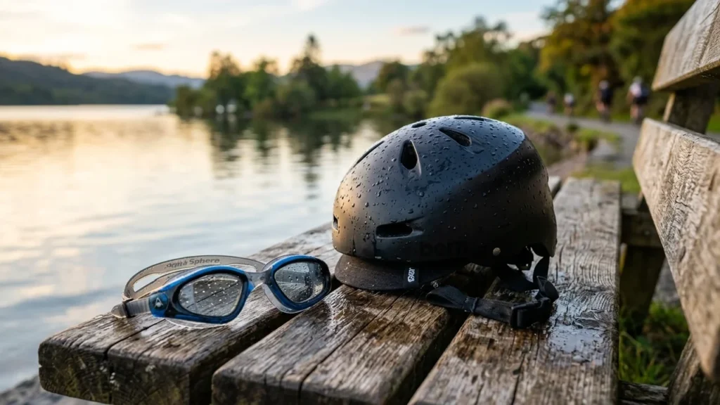 Melnas velo ķivere un peldbrilles ar lietus lāsēm uz koka soliņa pie ezera.