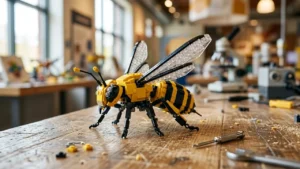Liela dzelteni melna bite, kas veidota no Lego klucīšiem uz koka darba galda.