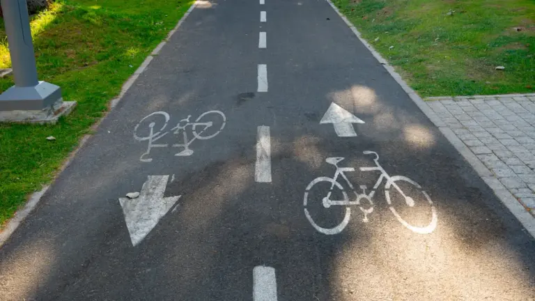 Skaidri iezīmēts asfaltēts veloceliņš ar baltām velosipēda zīmēm un virziena norādēm.