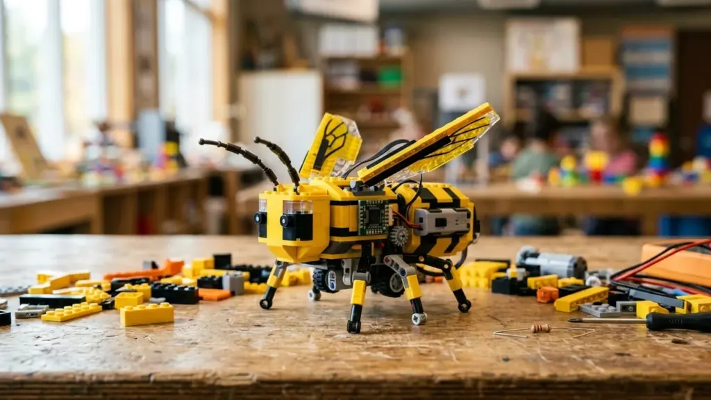 Dzeltenas un melnas krāsas LEGO bites robots uz koka galda ar detaļām.