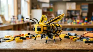 Dzeltenas un melnas krāsas LEGO bites robots uz koka galda ar detaļām.