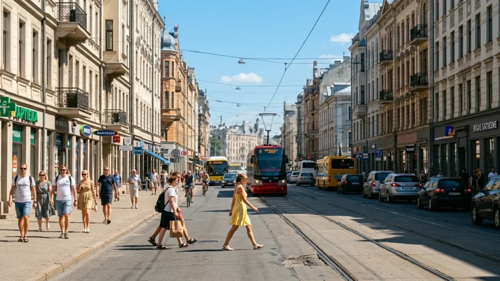 Cilvēki šķērso ielu Rīgas centrā, kur pa sliedēm brauc sarkans tramvajs un automašīnas.
