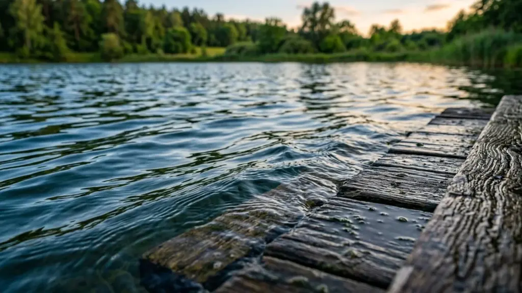 Koka laipa pie ezera ar viļņainu ūdeni un zaļu mežu fonā saulrietā.