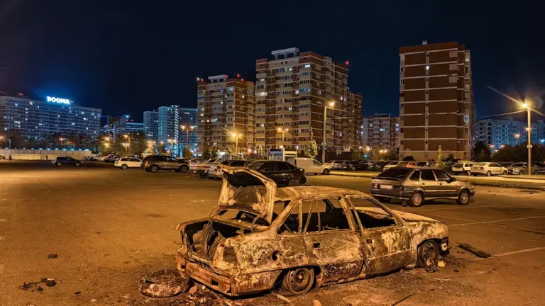 Naktī nodegusi automašīna stāvvietā pie daudzdzīvokļu namiem pilsētvidē.