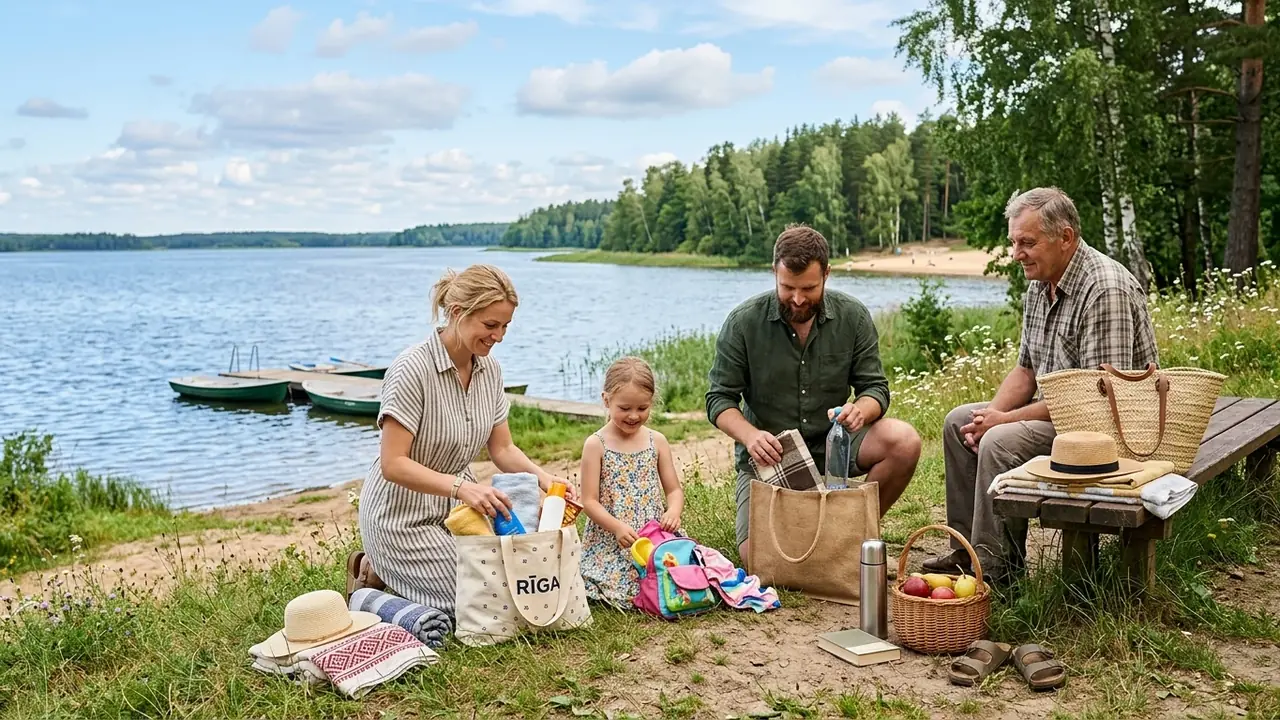 Trīs paaudžu ģimene piknikā pie ezera krasta, kārtojot mantas no auduma somām.