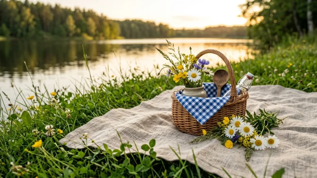 Pīts piknika grozs ar puķēm un dzērienu uz linu segas pie ezera saulrietā.