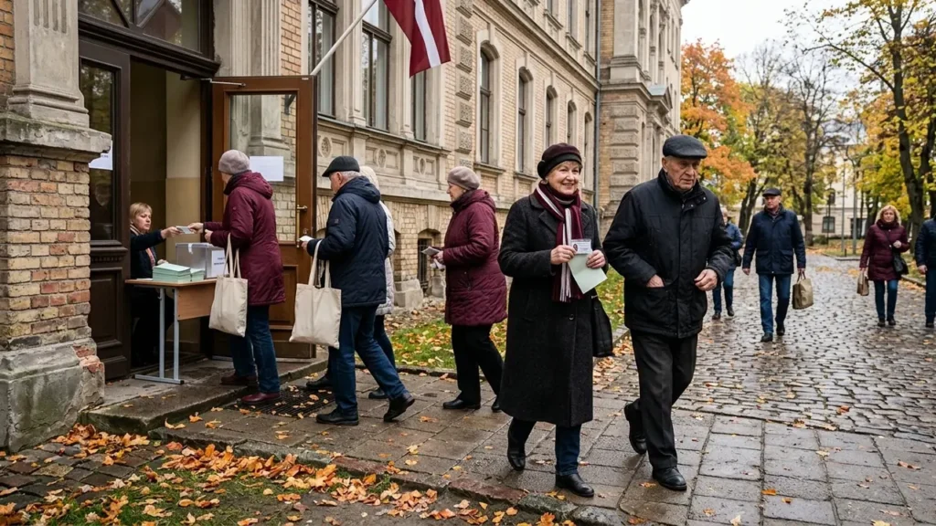 Cilvēki rudenīgā dienā stāv rindā pie vēlēšanu iecirkņa ēkas Latvijā, turot vēlēšanu dokumentus.