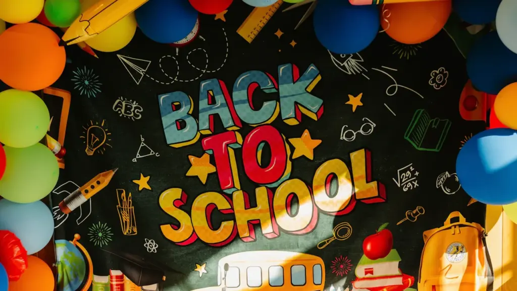 Krāsains plakāts ar uzrakstu Back to School, baloniem un skolas piederumiem