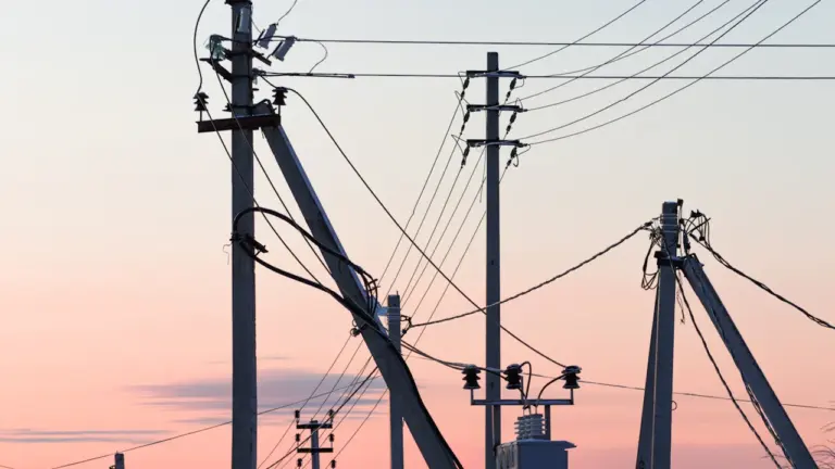 Augstsprieguma elektrības līnijas un stabi pret rītausmas debesu fonu Jēkabpils novadā.