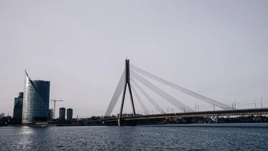 Vanšu tilts un Rīgas panorāma virs Daugavas ūdeņiem skaidrā dienā.